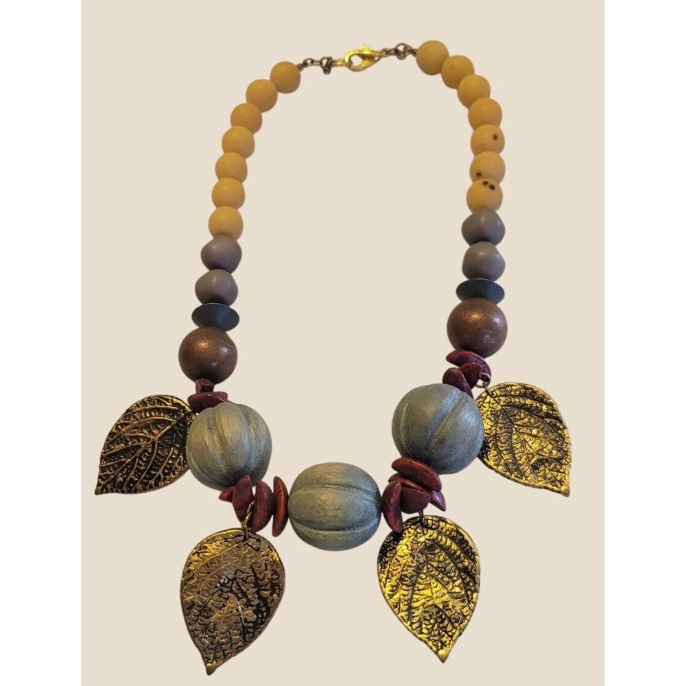 Beaded Leaf Necklace Boho Cottagecore Nature Statement Yellow Gold Tone